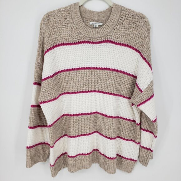 American Eagle Outfitters Oversized Striped Sweater M Womens Chunky Knit Tan - Picture 1 of 7